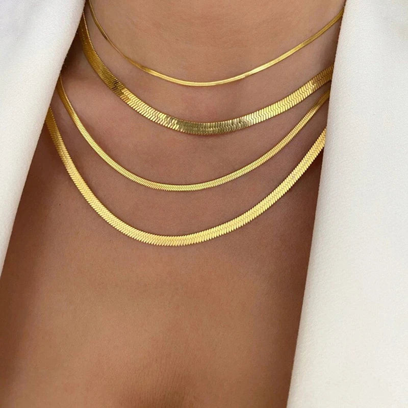 SUNSLL 2/3/4/5MM Stainless Steel Gold Silver Color Flat Herringbone Snake Chain Necklace For Women Men Waterproof Choker Jewelry